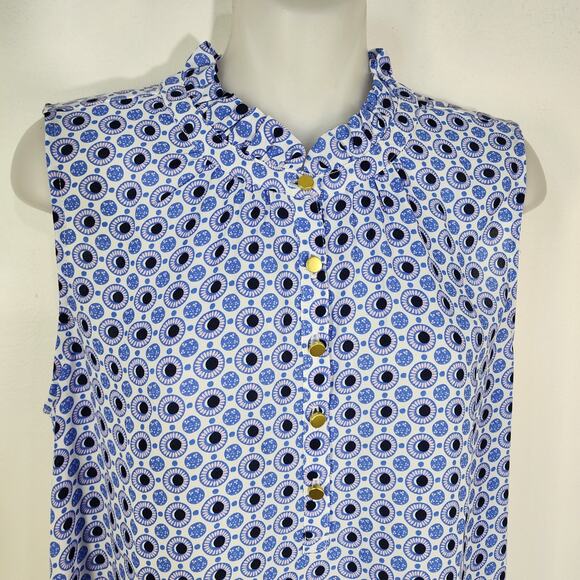 LOFT Blouse Womens Small Blue Geometric Button Popover Ruffle Neck Sleeveless - Picture 3 of 10